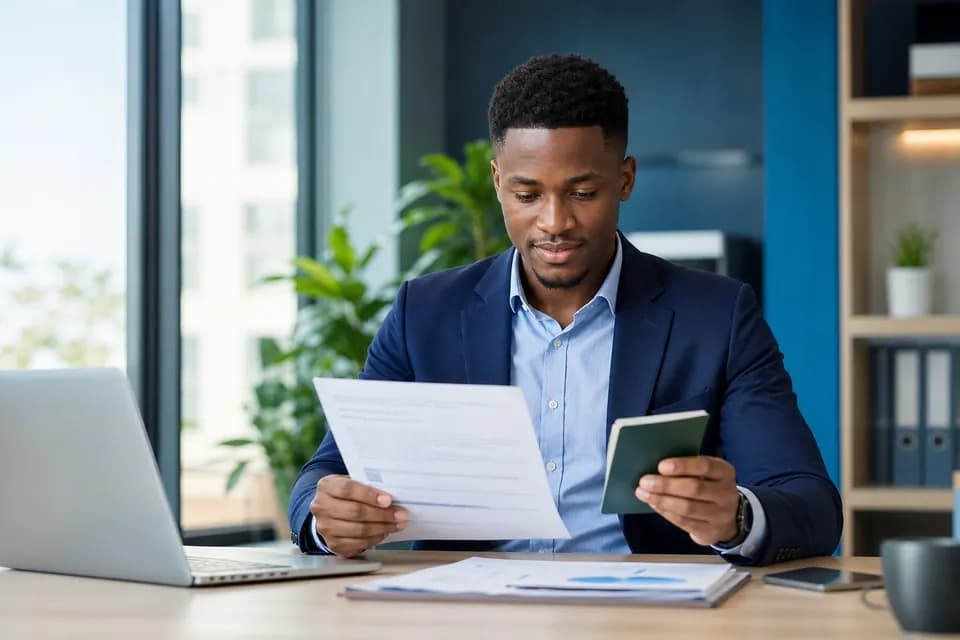 Professional reviewing financial documents for Proof of Funds verification